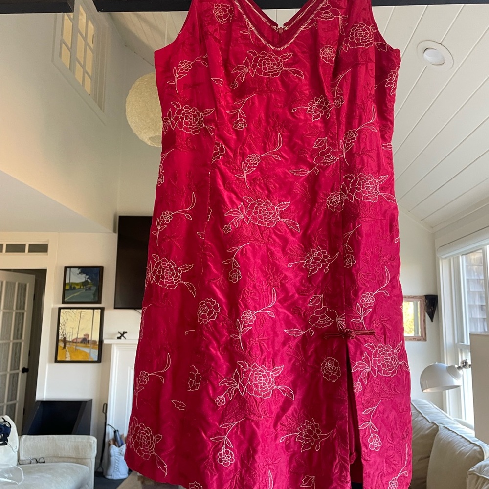 Holiday party dress. Cherry red. Beautiful embroidery.